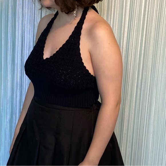 Black Crochet Knit Cropped Halter Top - Picture 11 of 16